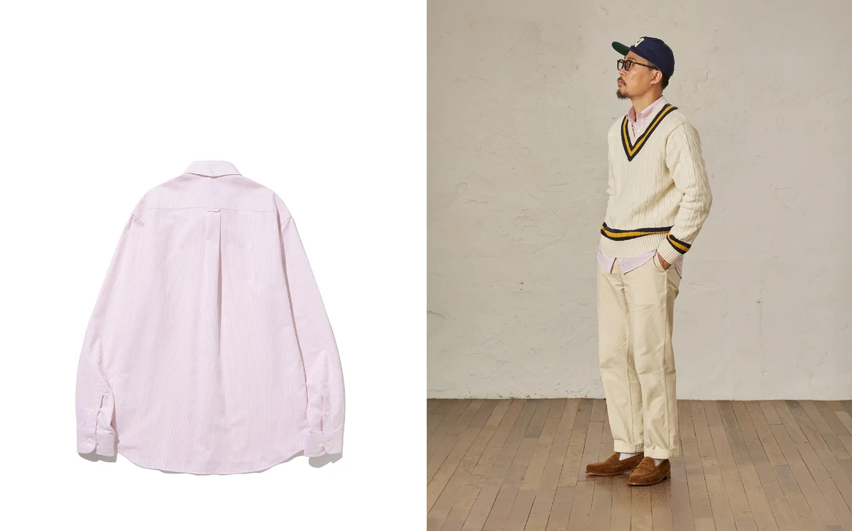 Oxford cloth button-down shirt tucked into navy chinos for a smart casual office outfit