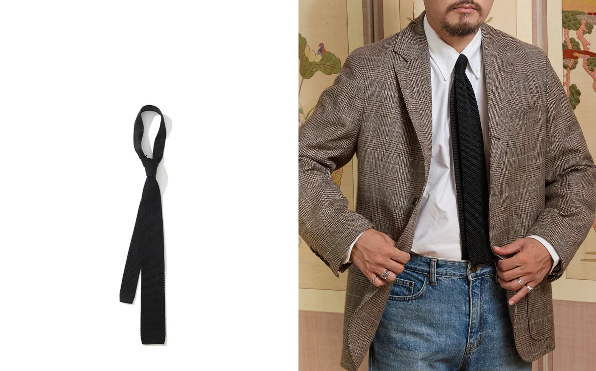 Knit tie outfit ideas start with understanding the flat square-cut tip and textured silk that sets it apart from regular neckties