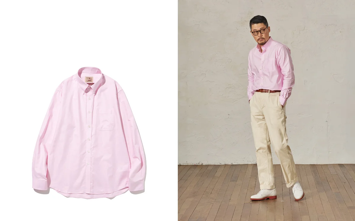 Oxford button down shirt worn under a navy blazer with natural sack fit silhouette