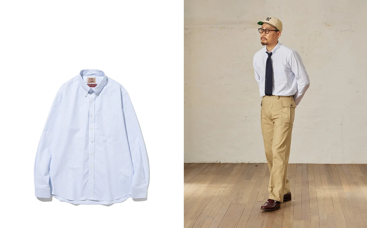 Close-up of an oxford button down shirt collar showing the natural collar roll