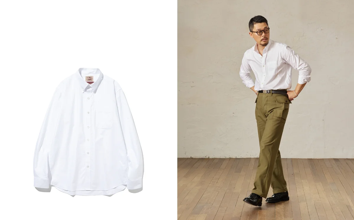 Oxford button down shirt detail showing medium-weight oxford cloth weave and single-needle stitching