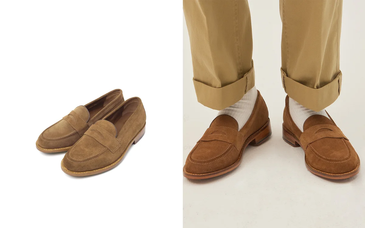 Loafer detail shot highlighting hand-sewn moccasin stitching on the vamp