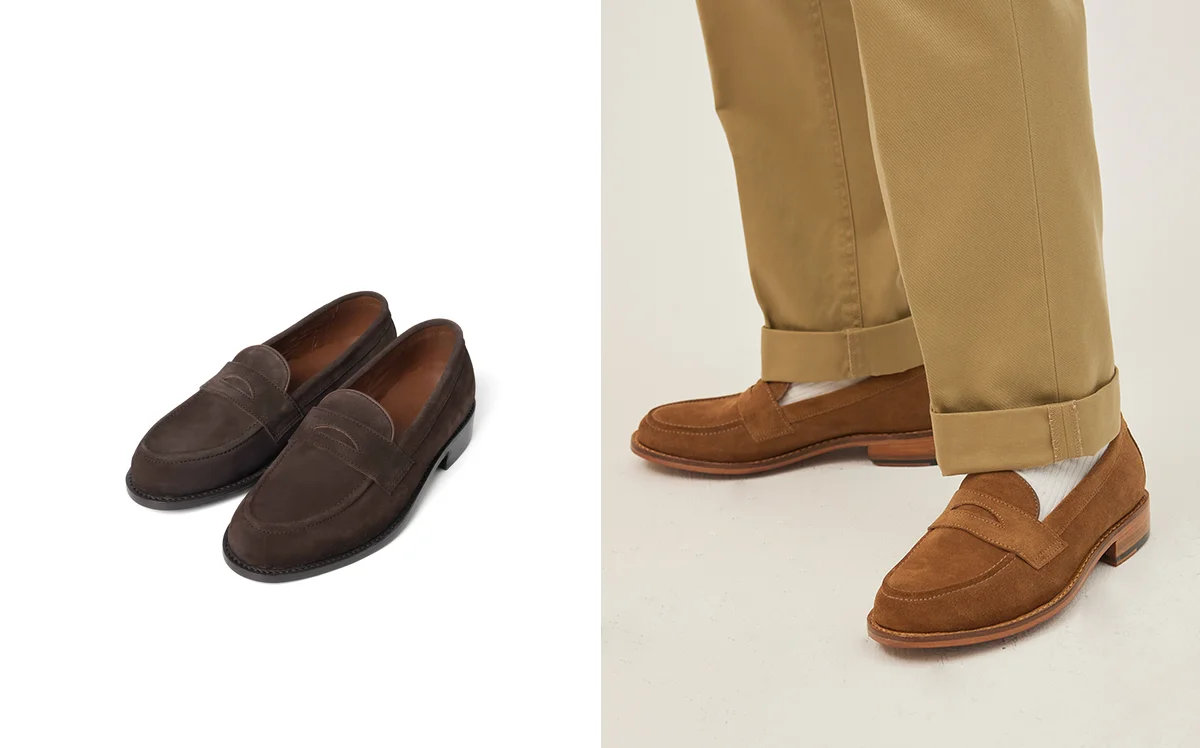 Beef roll penny loafer showing the rolled saddle strap detail and moccasin construction