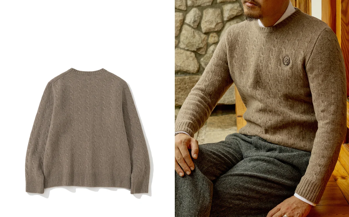 Crewneck sweater guide — lambswool knit in classic navy, shown with oxford shirt collar detail