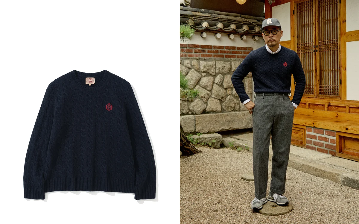 Crewneck sweater proper fit demonstration — shoulder seam alignment and torso drape over collared shirt