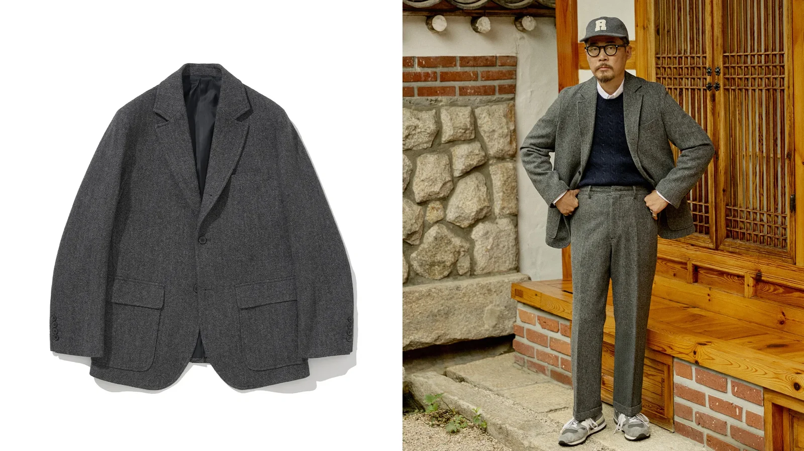 heritage: Renacts Herringbone Sack Cut Blazer Grey — product detail and Seoul hanok editorial, natural shoulder 3/2 roll