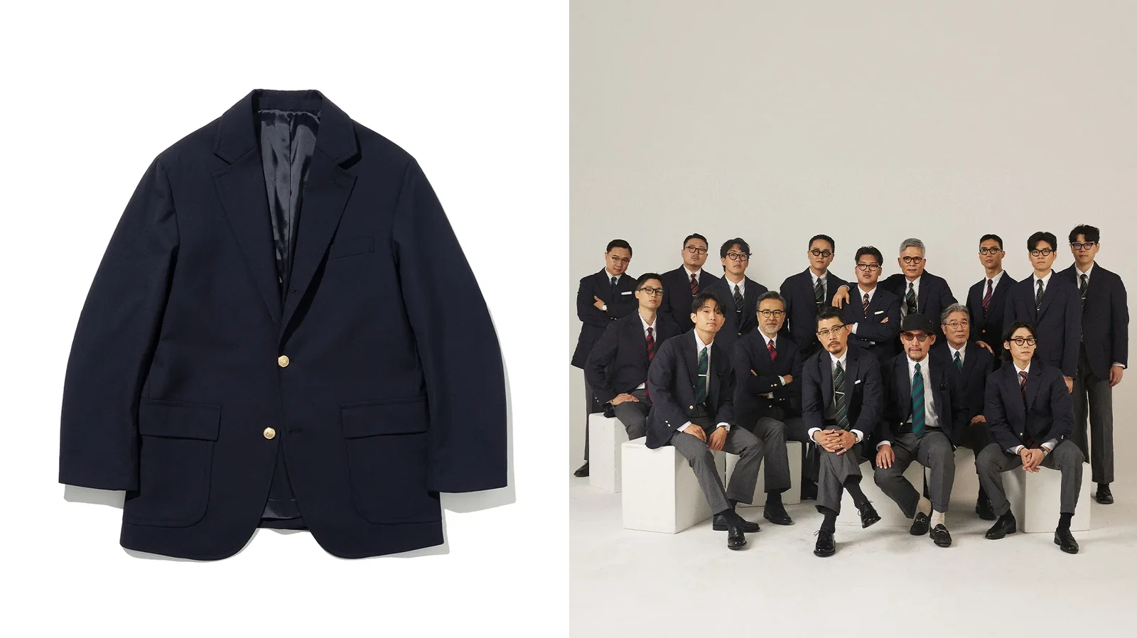 heritage: Renacts Wool Sack Cut Blazer Navy — product detail and full-team portrait, natural shoulder 3/2 roll