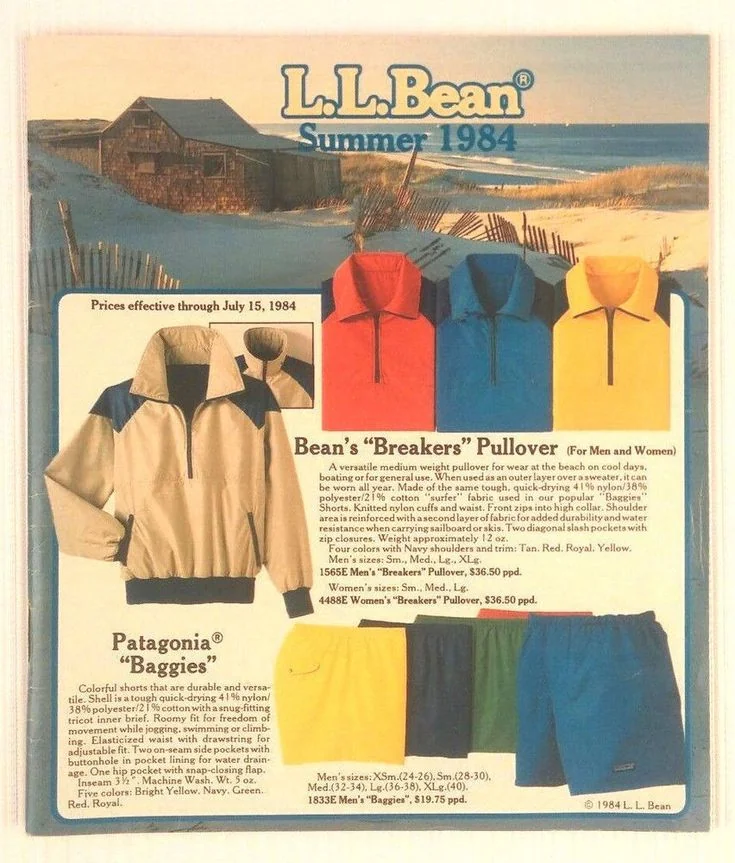 Anorak jacket history — L.L. Bean Summer 1984 Breakers Pullover catalog showing color-block nylon polyester cotton blend anorak