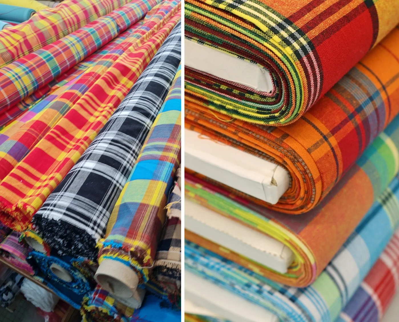 Madras fabric history — raw madras cotton rolls and stacked bolts at a Madurai market, the source that still matters