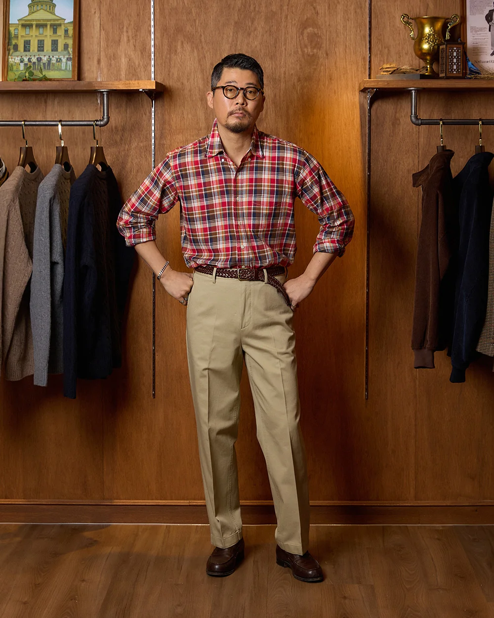 How to wear madras shirt — red madras with khaki chinos, woven belt, and dark brown loafers