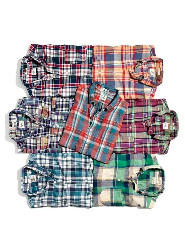 How to wear madras shirt — flatlay grid of seven madras shirts across different colorways