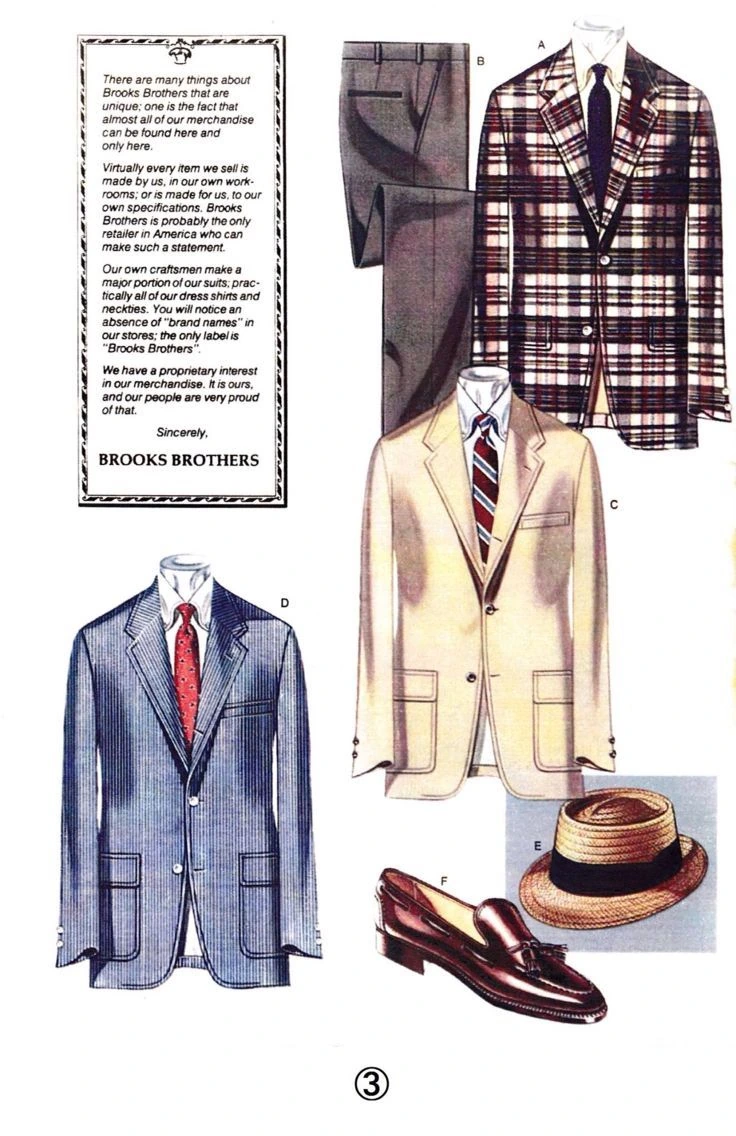 Vintage Brooks Brothers editorial page — BROOKS BROTHERS letter on left explaining proprietary craftsmanship, four blazers (madras, cream/tan, navy seersucker stripe, plus straw hat and penny loafer)
