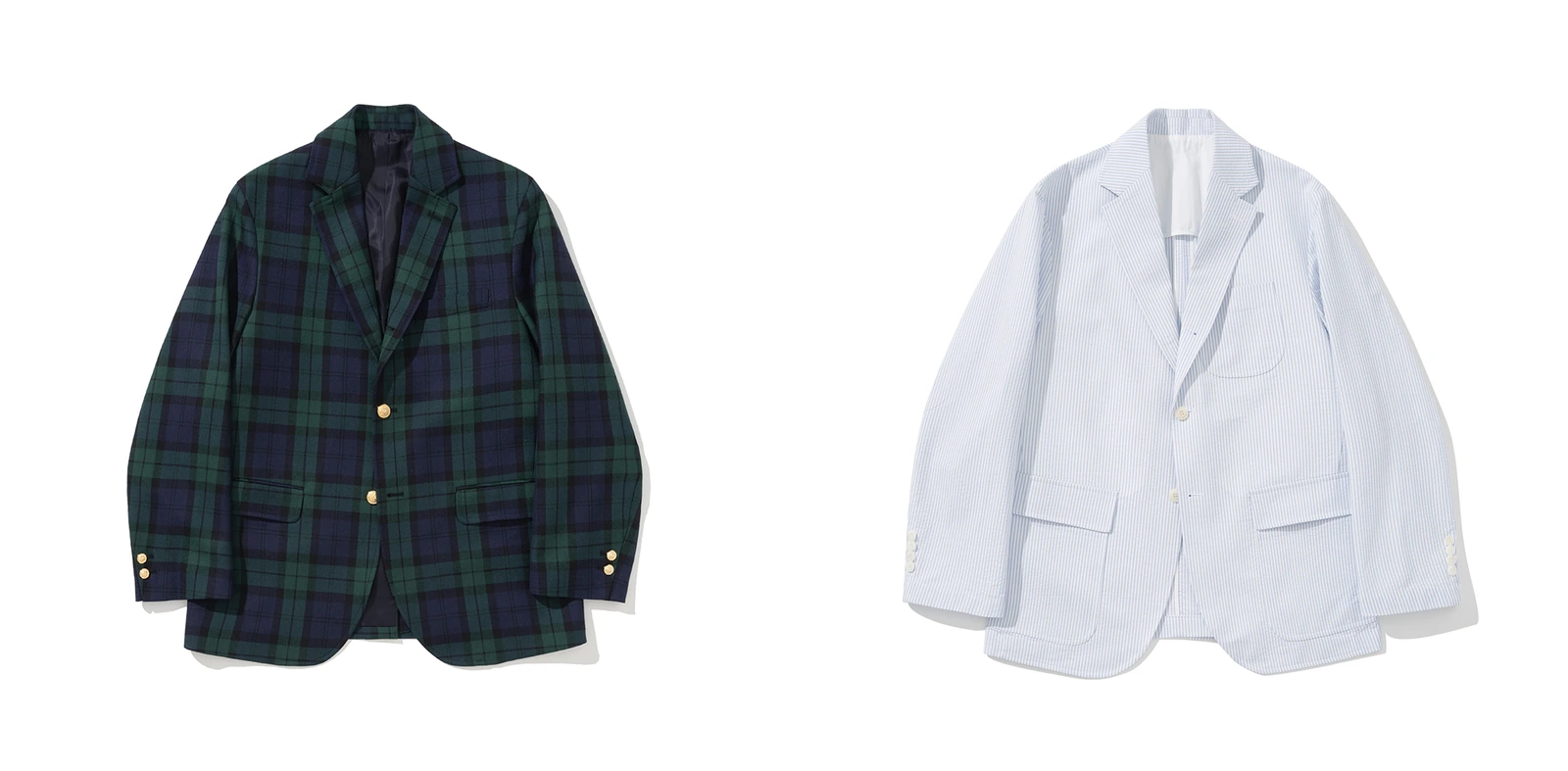 Renacts sack-cut blazers at seasonal extremes — Blackwatch tartan with gold buttons (left, holiday/winter) and seersucker stripe (right, summer), same architectural skeleton