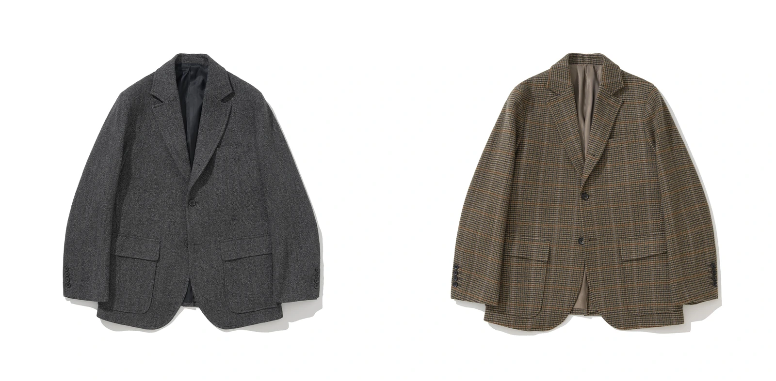 Renacts sack-cut blazers in earth-tone wool — grey herringbone (left) and brown houndstooth (right), both natural shoulder, 3/2 roll, patch pockets, undarted body
