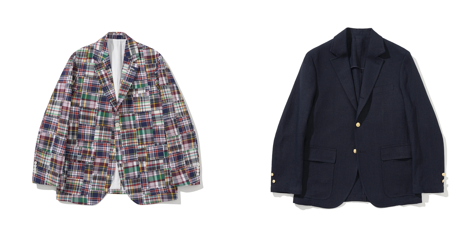 Renacts sack-cut blazers in summer fabrics — madras patchwork (left, white horn buttons) and navy linen with gold buttons (right), both natural shoulder same architecture