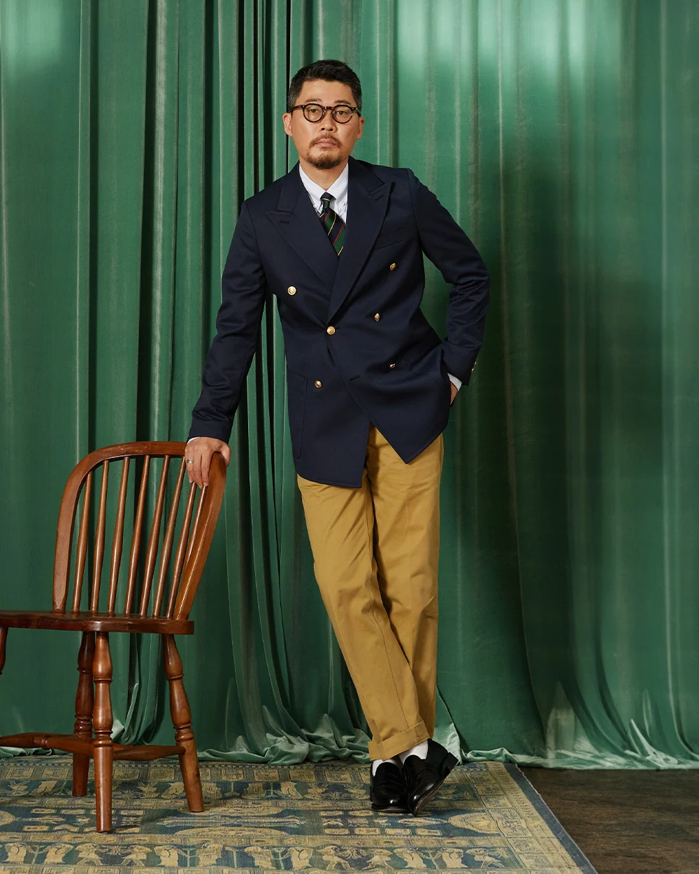 Navy gold-button blazer outfit double-breasted — Renacts Wool Sack Cut Double Blazer Navy, white OCBD, regimental rep tie, khaki chinos, plaque belt, black penny loafers, double-breasted preppy register