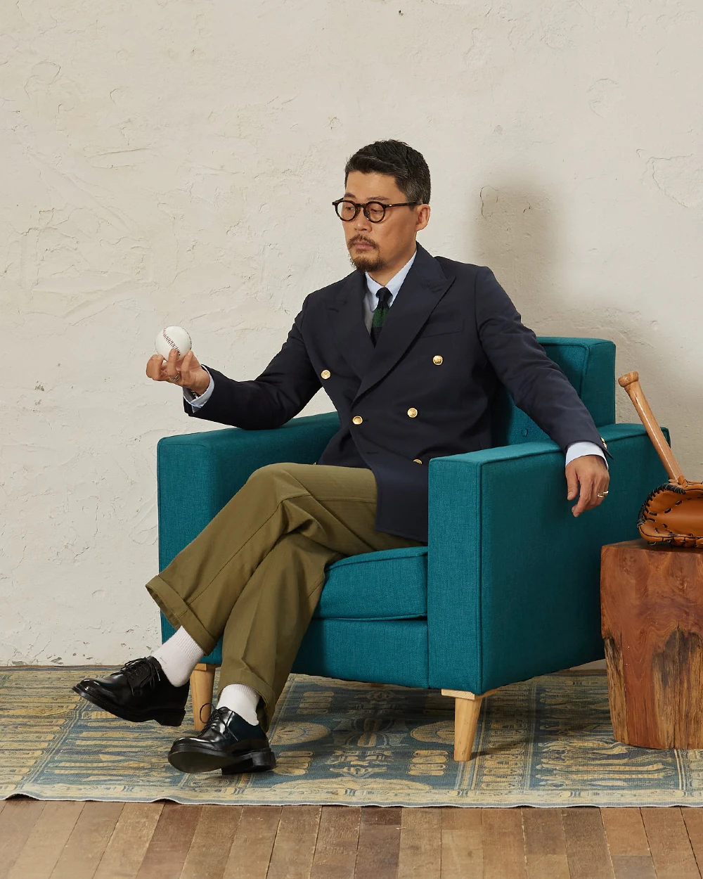 Navy gold-button blazer outfit double-breasted — DB blazer, white OCBD, knit regimental rep tie, olive military chinos, plaque belt, black plain-toe derbies