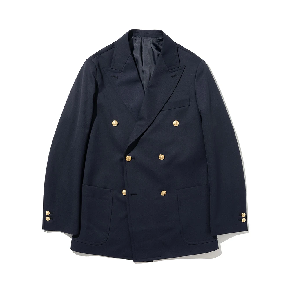 Renacts Wool Sack Cut Double Blazer Navy — double-breasted 6×2 button arrangement, peaked lapels, gold buttons, two patch pockets, Oldgate English wool, photographed flat on white