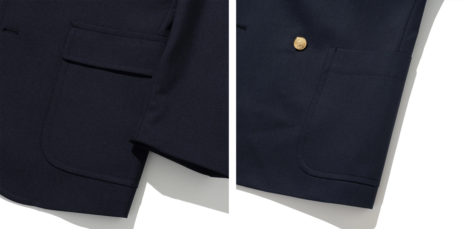 Renacts navy gold-button blazer patch pocket comparison: single-breasted flap patch pocket (left) and double-breasted open patch pocket with gold button visible above (right) — both architectural sack-cut patch pocket variants