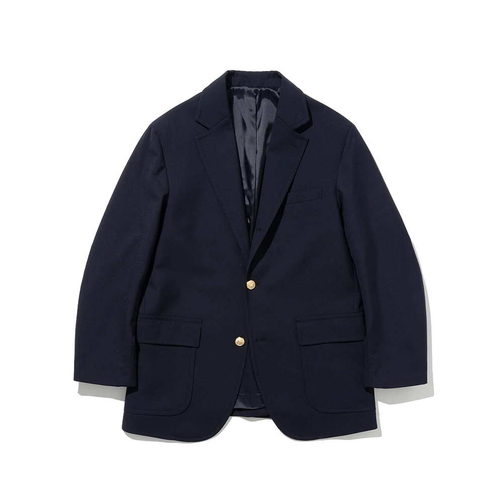 Renacts navy gold-button blazer single-breasted full front view — undarted body silhouette, no vertical seams running from chest to waist, body cut from a single panel falling straight
