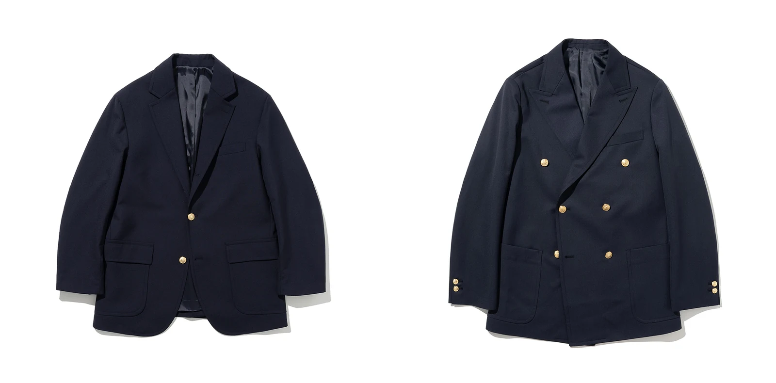 Renacts navy gold-button blazer comparison — single-breasted Wool Sack Cut Blazer (left) and double-breasted Wool Sack Cut Double Blazer (right), both in navy with gold buttons, photographed flat side by side