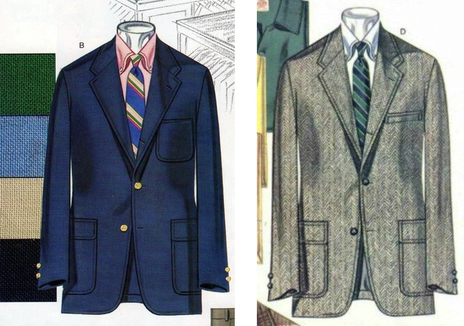 Vintage American Ivy editorial illustrations: navy gold-button blazer (left, gold buttons, patch pockets, 3/2 roll, pink OCBD, regimental rep tie) and herringbone sack-cut sport coat sibling (right) showing the shared architectural skeleton