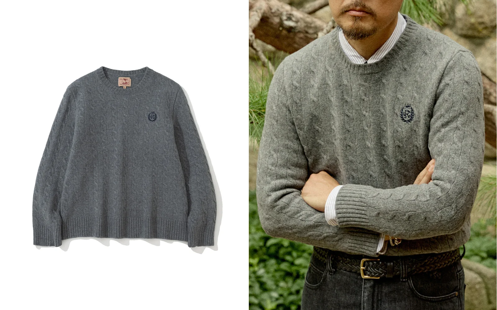Renacts Crewneck Crest Cable Knit in grey — crewneck sweater outfit, Seoul editorial