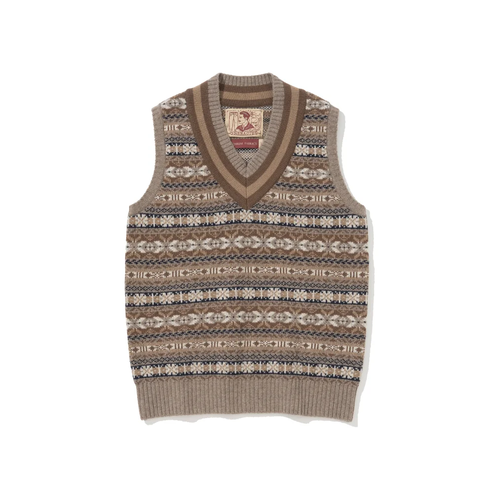 Fair Isle knit: the Renacts Wool Fair Isle Vest, 100% Merino, V-neck with elastic ribbing, the modern Ivy reading of the 1920s Duke of Windsor pattern