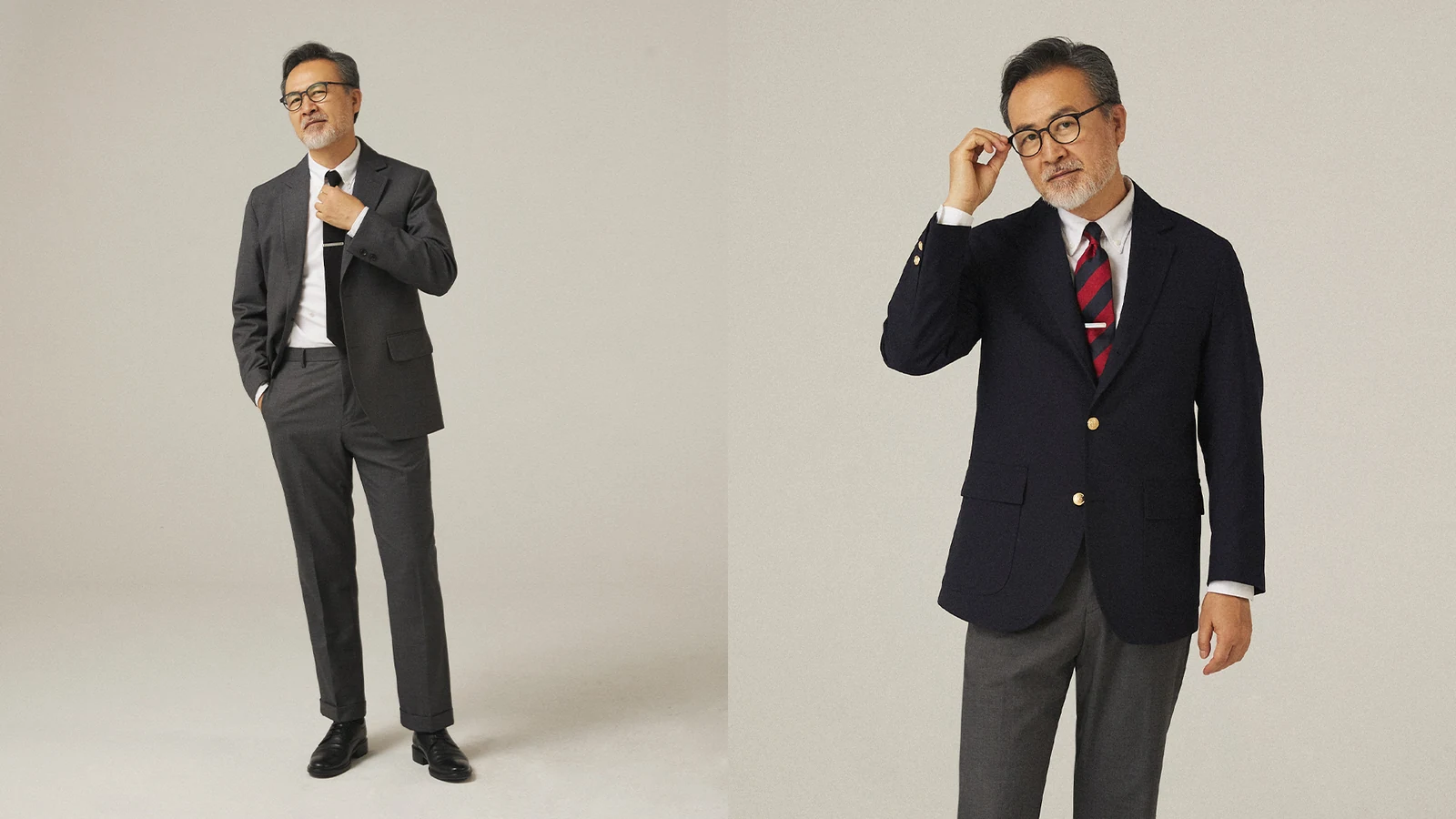 Renacts Legacy Suits 2023 campaign: a sixties-decade Gentlemens Club member in two configurations — full grey wool sack suit on the left, navy gold-button sack blazer with grey wool trousers on the right, both with white OCBD and tie
