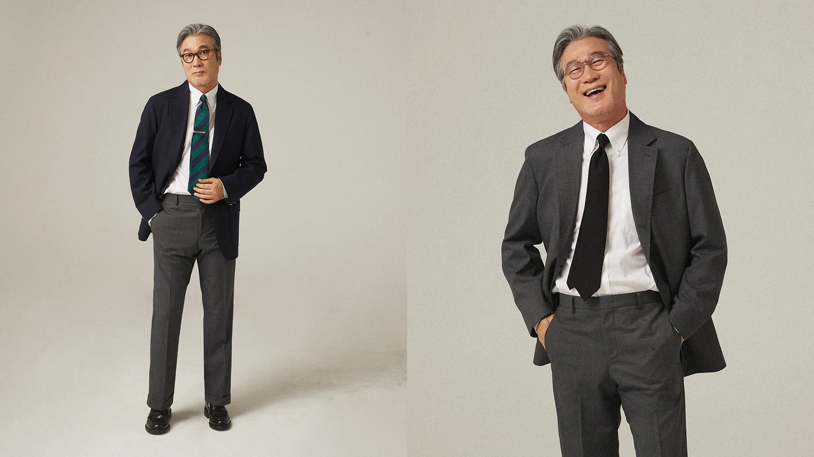Renacts Legacy Suits 2023 campaign: portrait of a Gentlemens Club member in grey sack suit and navy blazer configuration