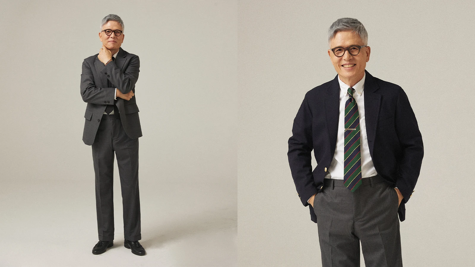 Renacts Legacy Suits 2023 campaign: Gentlemens Club member in grey sack suit and navy gold-button blazer configurations