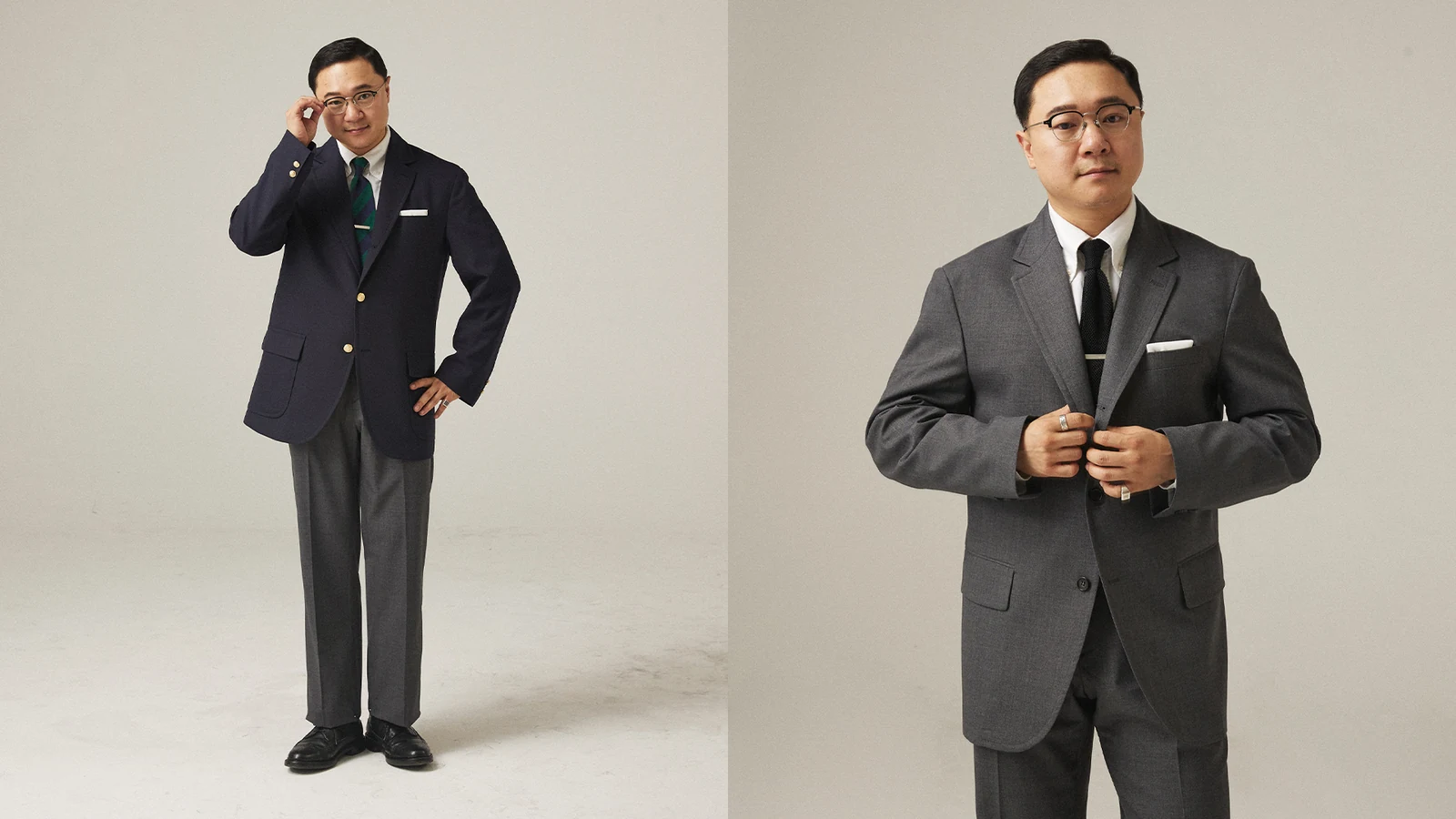 Renacts Legacy Suits 2023 campaign: two members in different configurations — navy blazer and grey suit