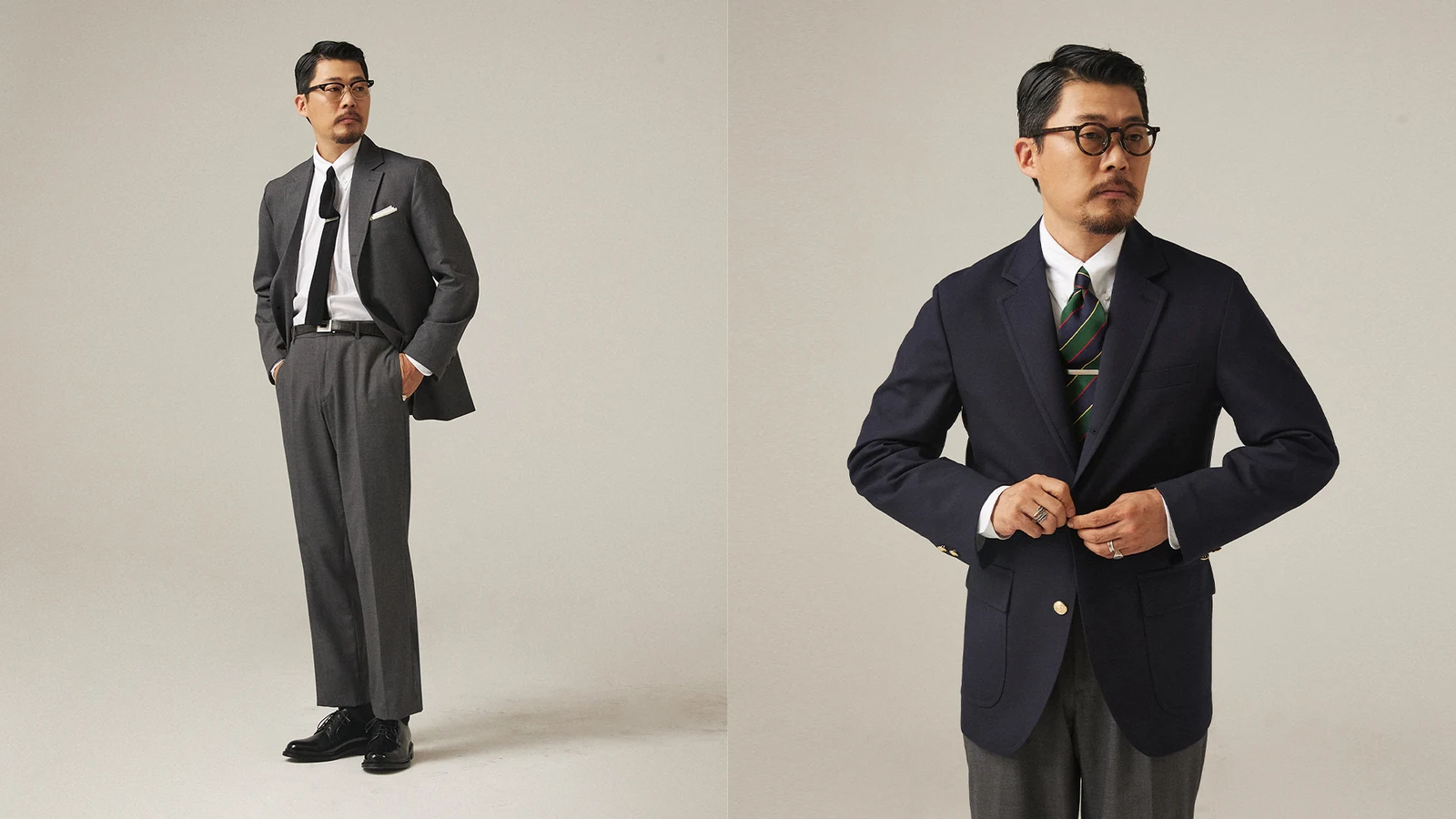 Renacts Legacy Suits 2023 campaign: Gentlemens Club member portrait in navy gold-button blazer with grey wool trousers and regimental rep tie