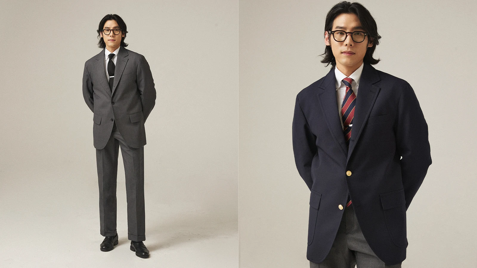 Renacts Legacy Suits 2023 campaign: Gentlemens Club member portrait in navy gold-button blazer with grey trousers