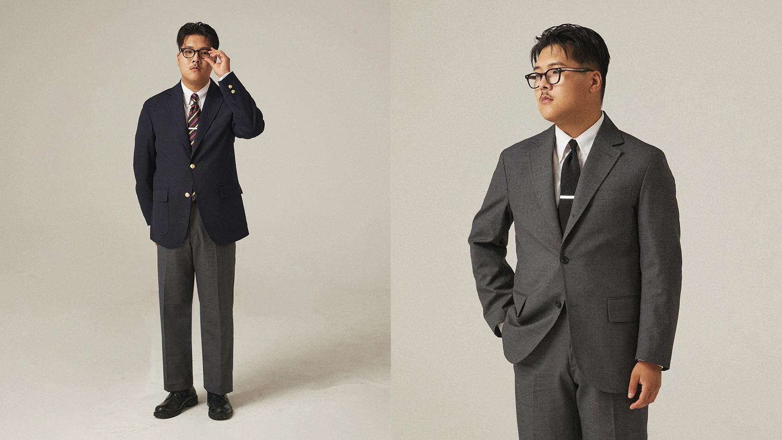 Renacts Legacy Suits 2023 campaign: Gentlemens Club member portrait in grey sack suit