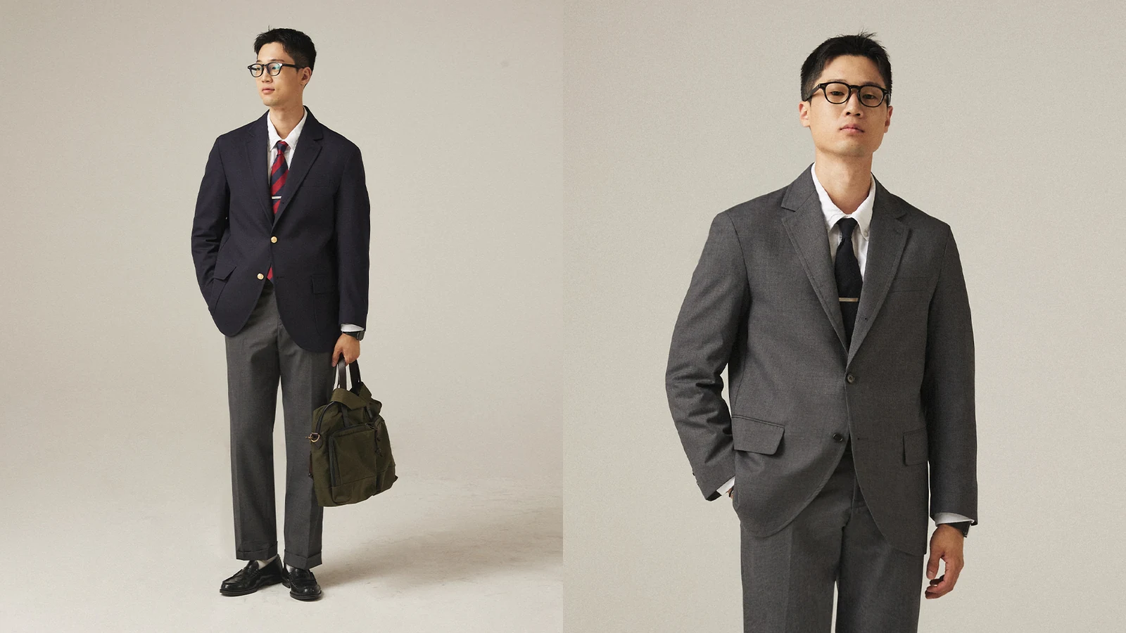 Renacts Legacy Suits 2023 campaign: Gentlemens Club member portrait in grey sack suit and navy blazer configurations