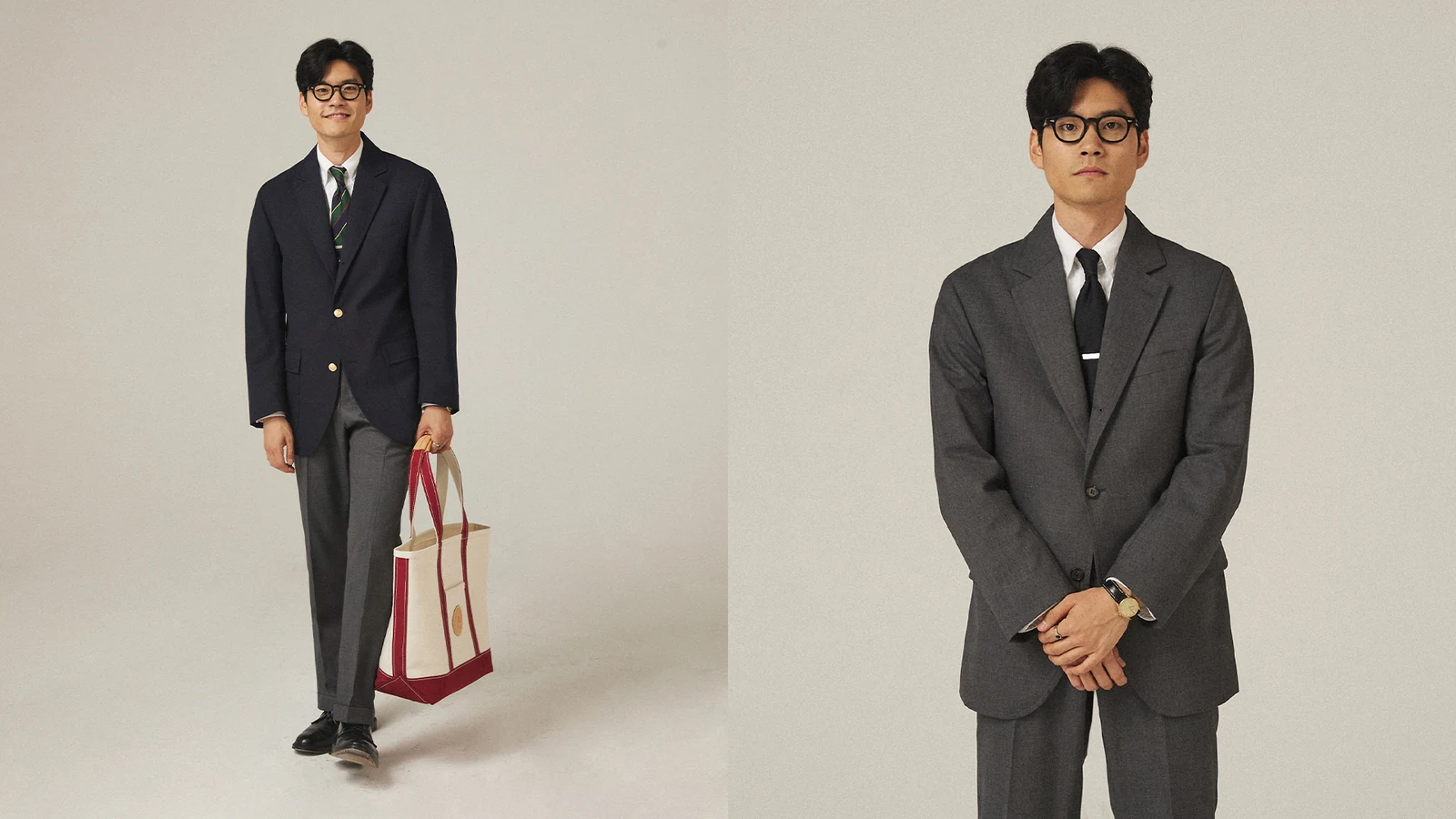 Renacts Legacy Suits 2023 campaign: Gentlemens Club member with canvas tote in navy gold-button blazer and grey trousers, alongside another member in grey sack suit