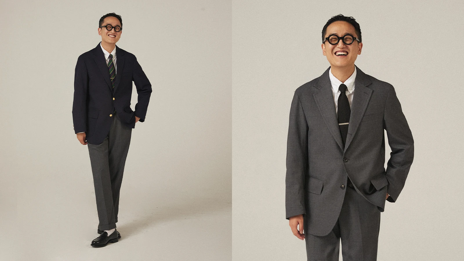 Renacts Legacy Suits 2023 campaign: Gentlemens Club member portrait in grey sack suit and navy blazer