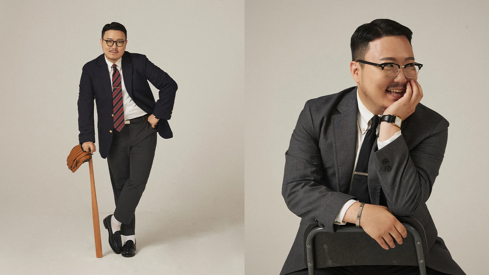 Renacts Legacy Suits 2023 campaign: Gentlemens Club member with vintage baseball glove and bat, in navy gold-button blazer and grey trousers, with black penny loafers — alongside seated member portrait