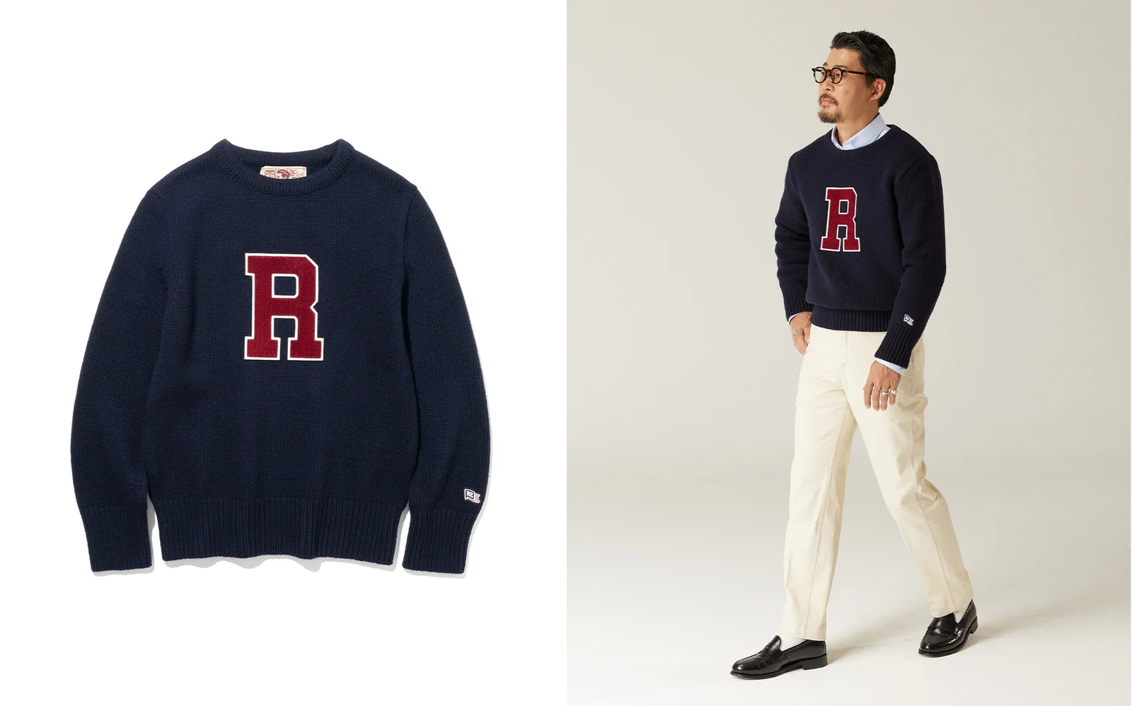 Renacts Boat Neck Letterman Sweater in navy — crewneck sweater outfit, Seoul editorial