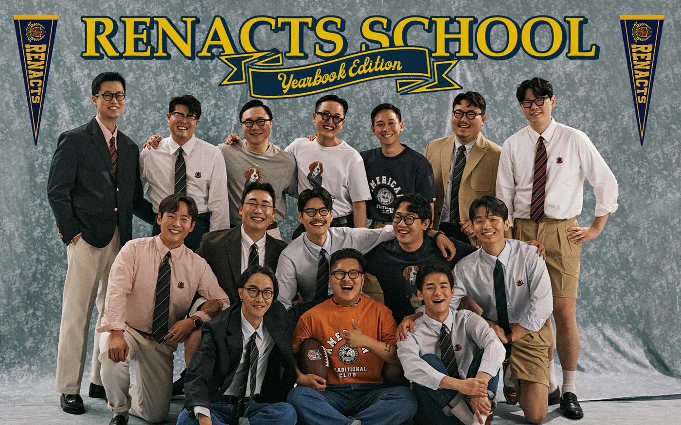Renacts 2023 Yearbook Cover — Gentlemens Club group portrait, American college yearbook concept for Seoul Trad campaign