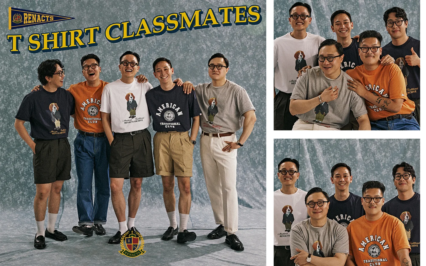 Seoul Trad Yearbook cover variation — Renacts Gentlemens Club in blazers and ties, American college aesthetic backdrop