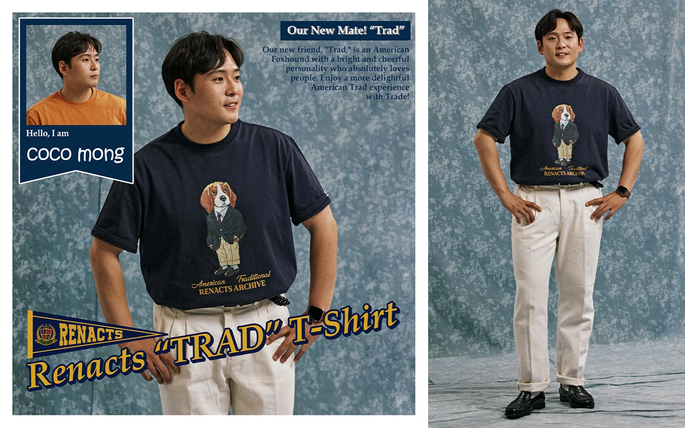 Seoul Trad Yearbook individual profile — Renacts TRAD T-shirt in navy with cream chinos