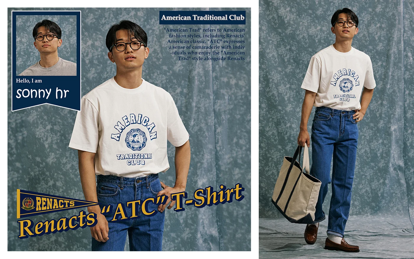 Seoul Trad Yearbook individual profile — Renacts TRAD T-shirt in white with tailored shorts and crew socks