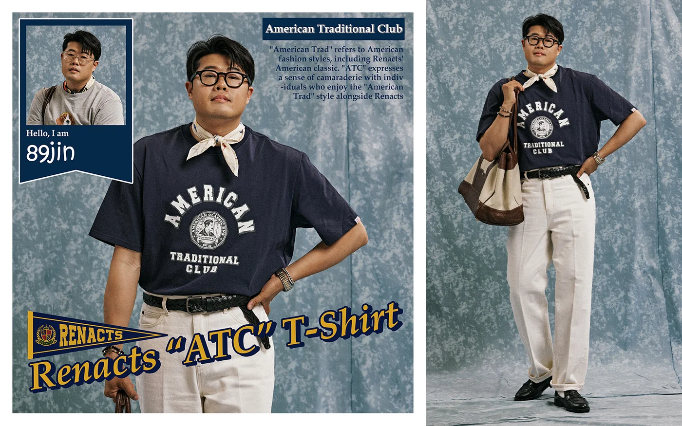 Renacts Yearbook individual profile — ATC T-shirt in navy with cream trousers and shoulder bag