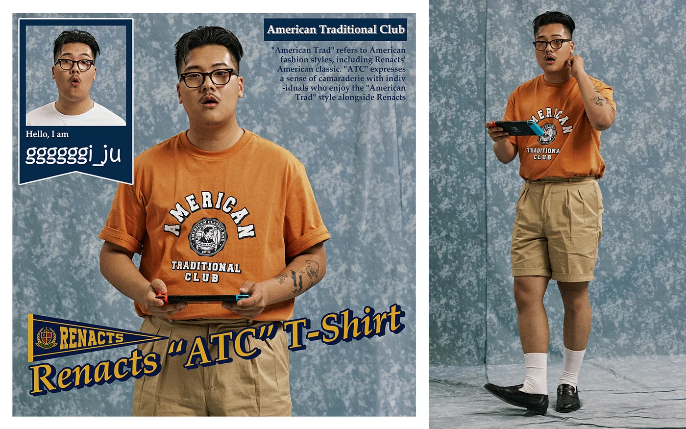 Renacts Yearbook individual profile — ATC T-shirt in orange with tailored shorts and socks