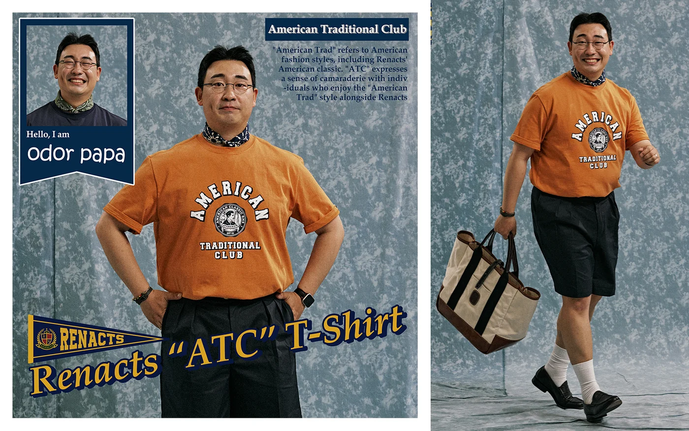 Renacts Yearbook individual profile — ATC T-shirt in orange with tailored shorts and tote bag