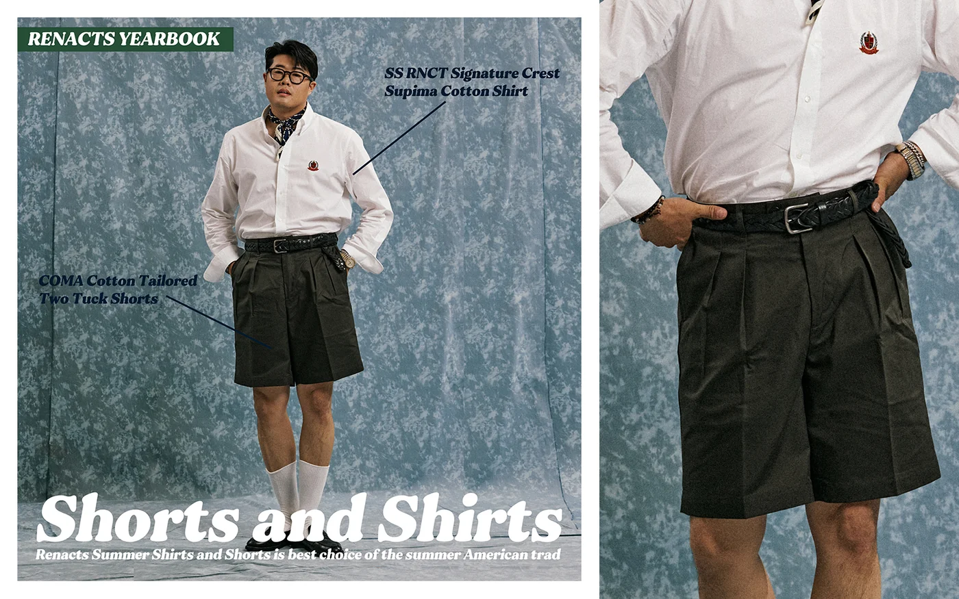 Seoul Trad Yearbook product spread — Renacts Shorts and Shirts feature with dark shorts and pink oxford