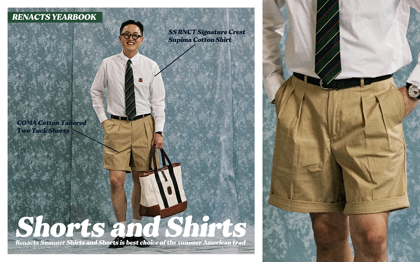 Seoul Trad Yearbook product spread — Renacts Shorts and Shirts with khaki shorts and white oxford, tie and tote