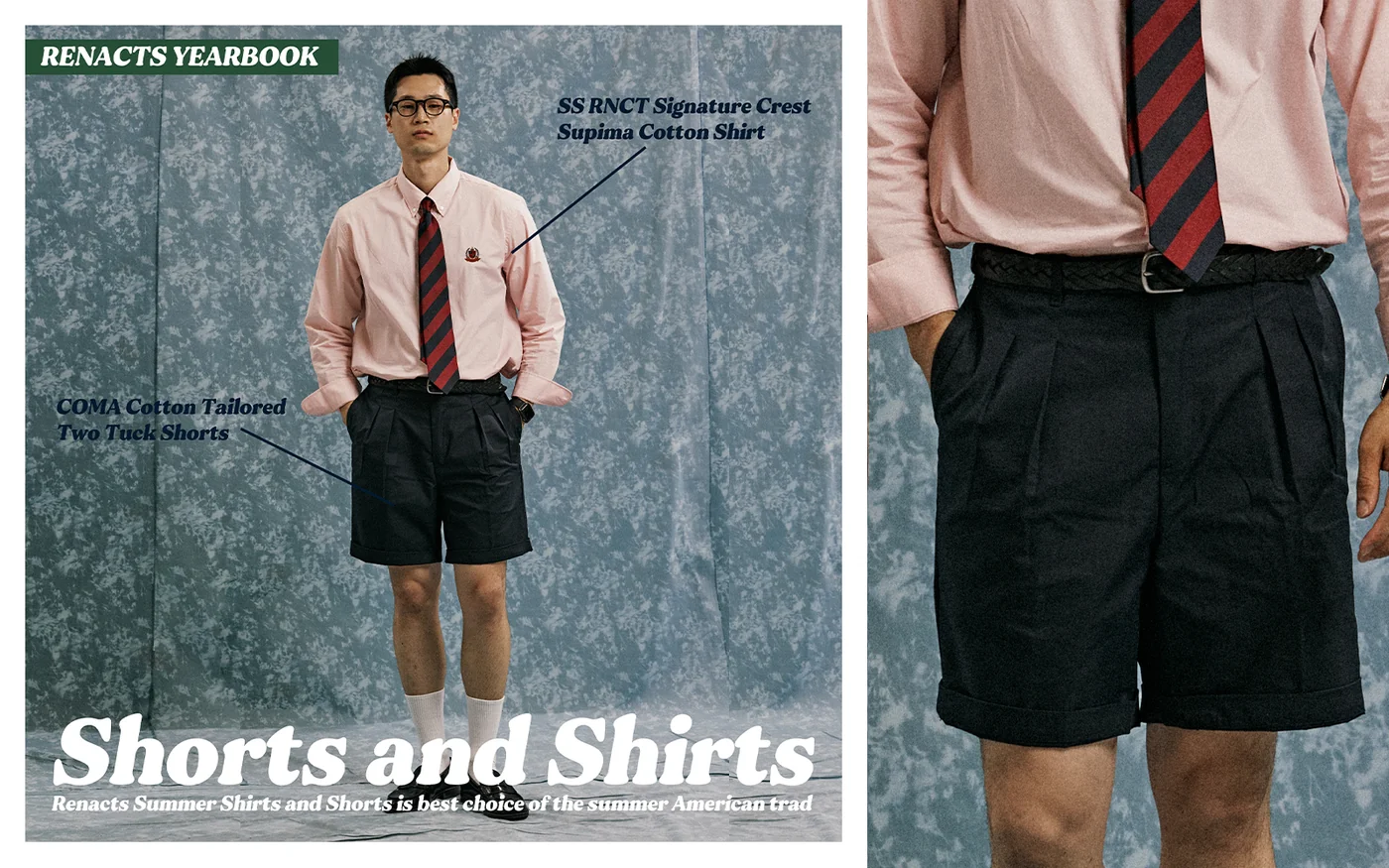 Renacts Yearbook product spread — Shorts and Shirts feature detail with dark shorts and pink oxford standing portrait